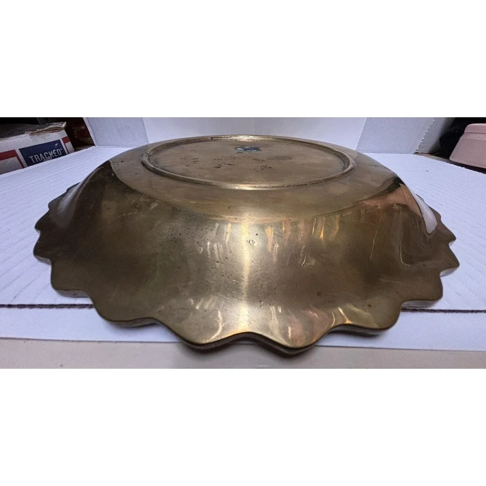 Plate Tray Hand Engraved Etched Decor Brass Scalloped Edge Vintage Chinese Heavy